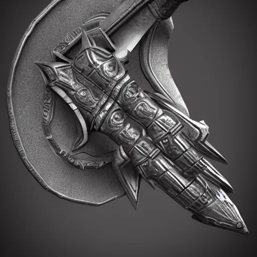 Prompt: a black sword skull core, ornament, weapon, a 3 d render by dom qwek, studio lighting, front side view, trending on polycount, hard surface modeling, rendered in maya, 3 ds max, blender, artstation hd, vray