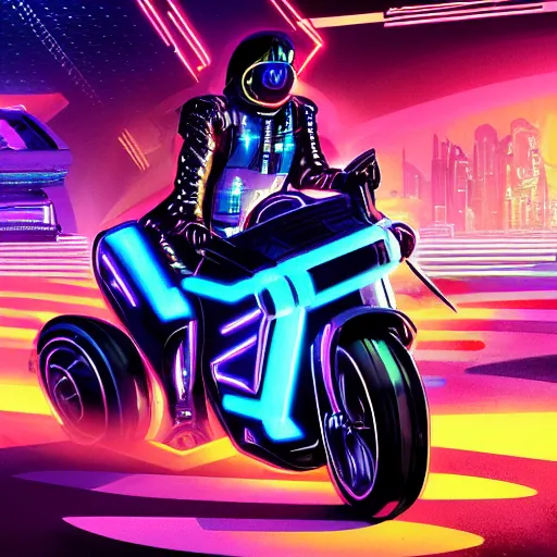 Image similar to cyberpunk, synthwave, cubo - futurism, darksynth, synthwave, retrowave, highly detailed digital art of a tron cyberbike race