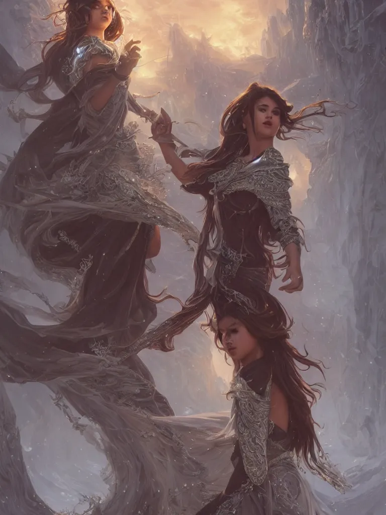 Image similar to Selena Gomez casting an frost spell, D&D, fantasy, intricate, elegant, highly detailed, digital painting, artstation, concept art, matte, sharp focus, illustration, hearthstone, art by Artgerm and Greg Rutkowski and Alphonse Mucha