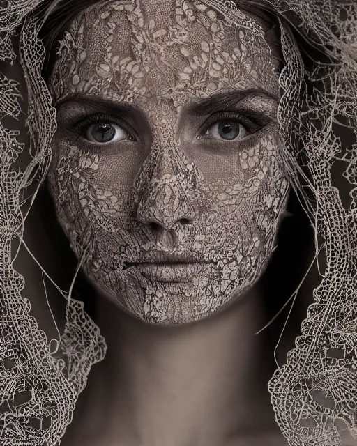 Image similar to close up of a woman's face, made of intricate decorative lace leaf skeleton, in the style of the dutch masters and gregory crewdson, dark and moody