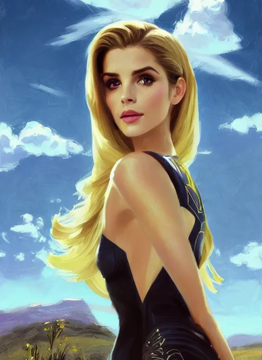 Prompt: portrait of a combination of Ashley Greene, Victoria Justice and Adriana Dxim, Grace Kelly, Emma Watson and Lily Collins with blonde hair wearing Varia Suit from Metroid, countryside, calm, fantasy character portrait, dynamic pose, above view, sunny day, thunder clouds in the sky, artwork by Jeremy Lipkin and Giuseppe Dangelico Pino and Michael Garmash and Rob Rey and Greg Manchess and Huang Guangjian, very coherent asymmetrical artwork, sharp edges, perfect face, simple form, 100mm