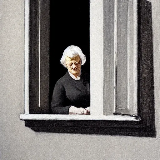 Prompt: a beautiful picture of an old woman looking at the window of her apartment by Edward Hopper trending on Artstation