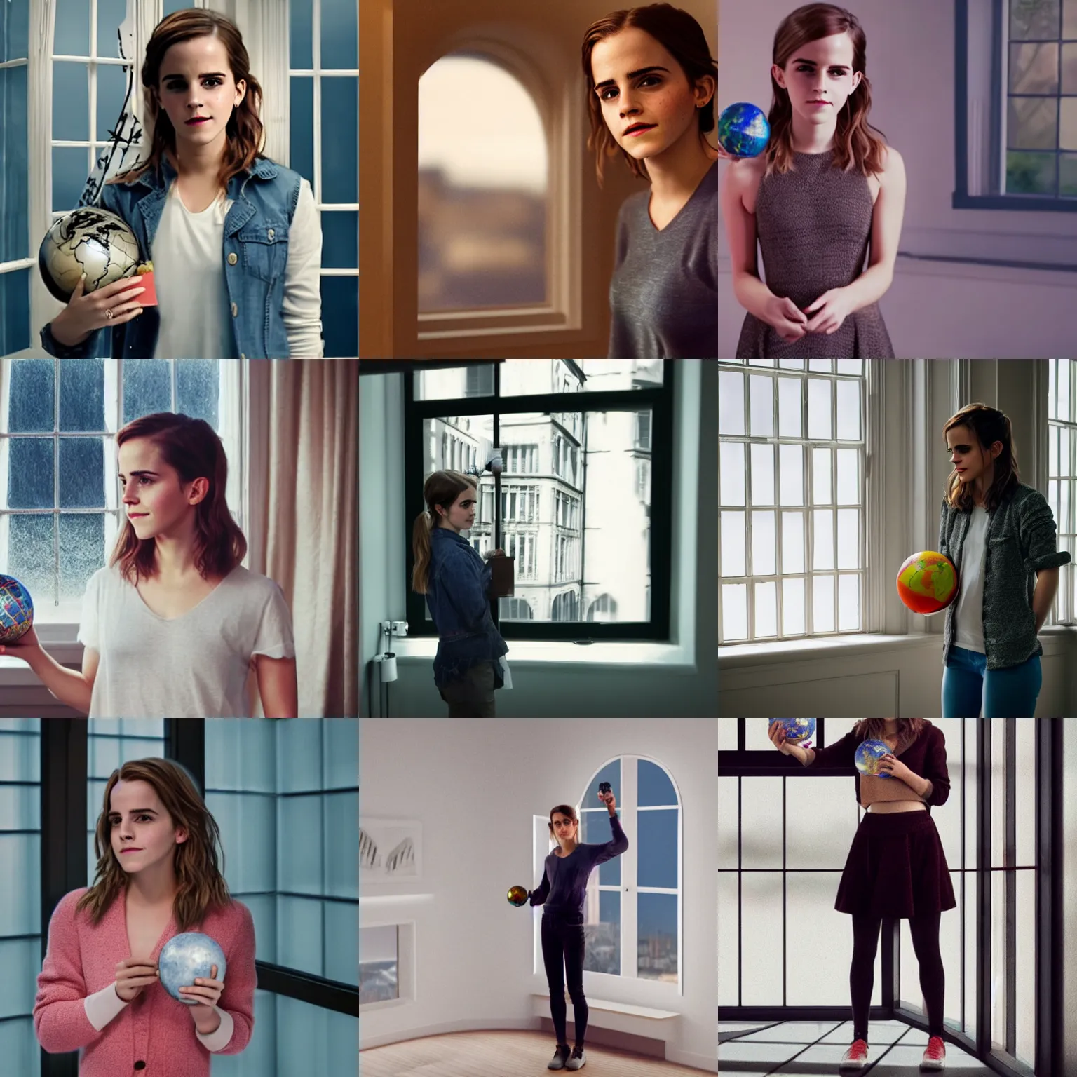 Prompt: emma watson holding a globe in her hand while standing in front of a window, a screenshot by mac conner, featured on dribble, superflat, 3 d, contest winner, 8 k 3 d