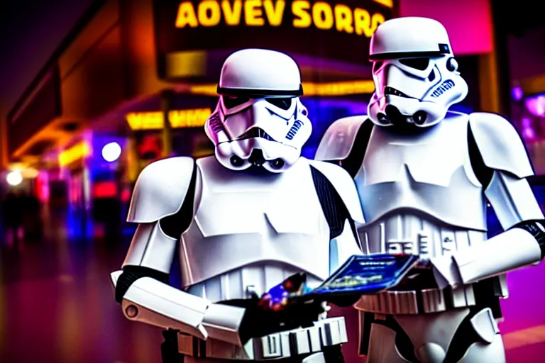 Image similar to a photo of two stormtroopers winning at slots in las vegas, ultra wide shot, 2 4 mm, bokeh, blurred background, colorful lights