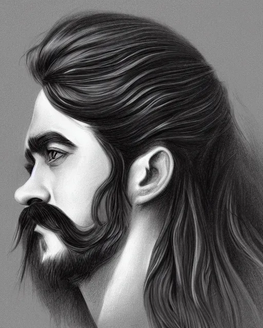 Image similar to a drawing of a man with long hair and a salvador dali mustache, an ultrafine detailed painting by Charlie Bowater, trending on Artstation, digital art, speedpainting, digital painting, artstation hq