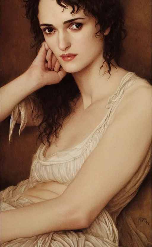 Prompt: winona ryder in repose, kiera knightly in repose, traditional corsican, intricate, highly detailed, intimate, artstation, illustration, jurgens, rutkowski, bouguereau