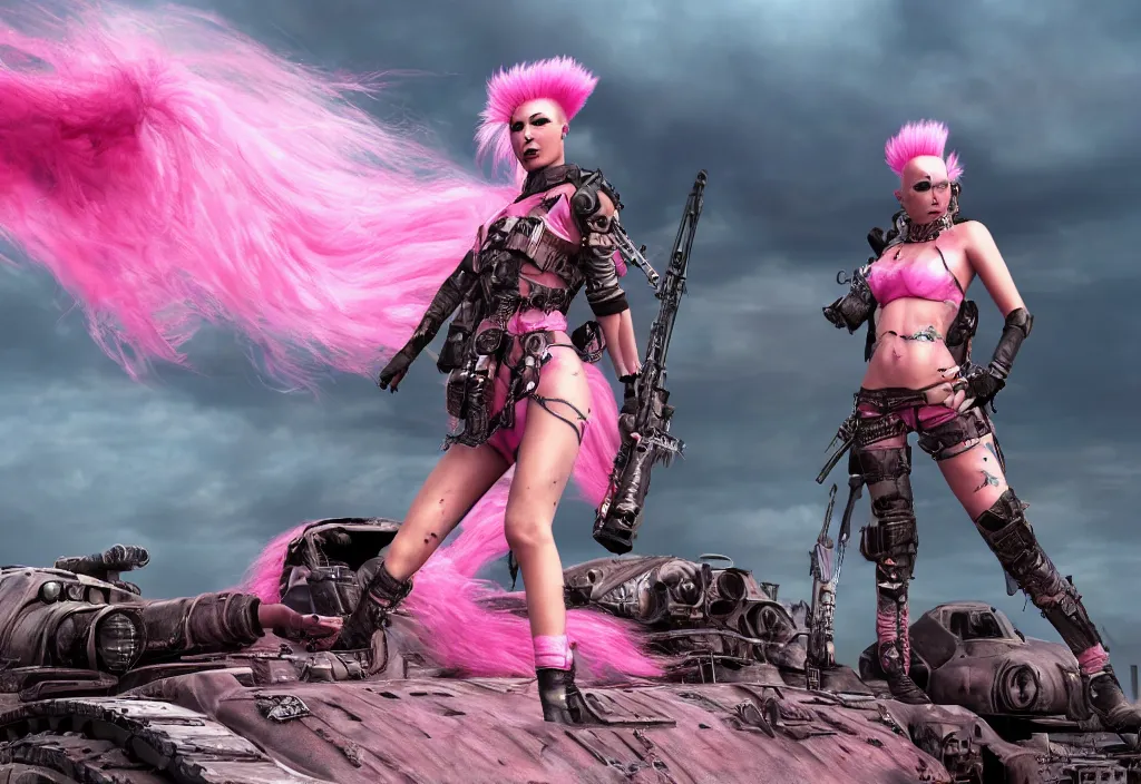 Image similar to beautiful apocalyptic woman with pink Mohawk, posing on mad max panzer tank, 4k ultra hd, fantasy dark art, artstation, octane render