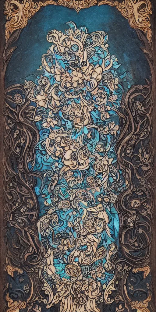 Image similar to Painted dark-wood panel relief carving of a Flowerpunk Piglet, White and pale blue toned, ornate border frame, explosion of colorful flowers, dark wood, intricately carved, black ink, festival of rich colors, intricate details, cinematic lighting, volumetric lighting, post-processing, art nouveau, tarot, fractal art, mandala, by andreas rocha and john howe, and Martin Johnson Heade, featured on artstation, featured on behance, golden ratio, hyper detailed, photorealistic, epic composition, center spotlight, f32, well composed, symmetrical, UE5, 8k