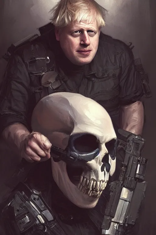 Prompt: Boris Johnson as Punisher, realitic portrait, skull image on the vest, highly detailed, digital painting, artstation, concept art, smooth lines, sharp focus, illustration, cinematic lighting, art by artgerm and greg rutkowski and alphonse mucha