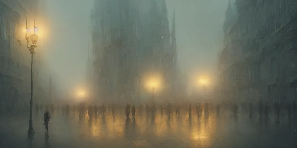 Image similar to a parade in a heavy swirling fog, soft lighting, night, stephen bliss, misty, unreal engine, fantasy art by greg rutkowski, loish, rhads, ferdinand knab, makoto shinkai and lois van baarle, ilya kuvshinov, rossdraws, tom bagshaw, illustration, detailed and intricate environment