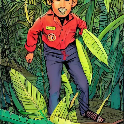 Image similar to Sergio Bleda and Jérémy Petiqueux and Alex Maleev artwork of a boy super scientist in a retro jungle explorer costume