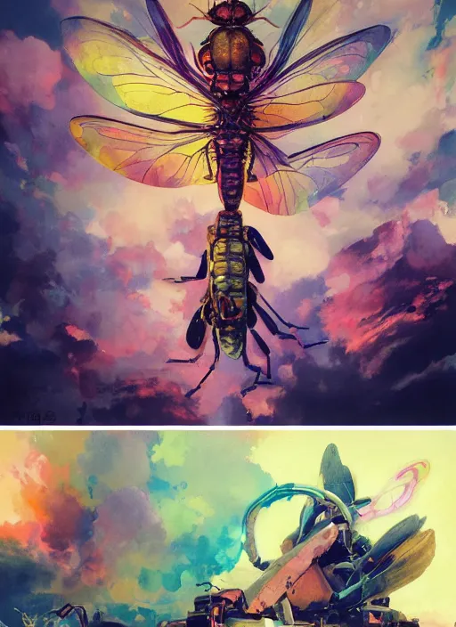 Image similar to surreal gouache painting, by yoshitaka amano, by ruan jia, by Conrad roset, by good smile company, detailed anime 3d render of a Colorful Giant dragonfly sitting on a DJ mixer, portrait, cgsociety, artstation, rococo mechanical and electronic, dieselpunk atmosphere