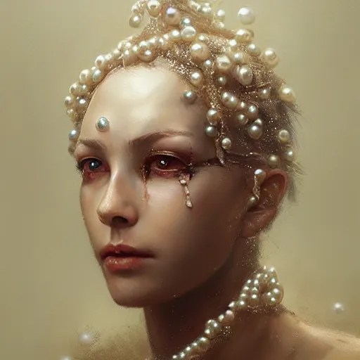 Image similar to a woman with pearls replacing eyes and glittering skin, a detailed painting by greg rutkowski and raymond swanland, featured on cgsociety, fantasy art, detailed painting, artstation hd, photorealistic