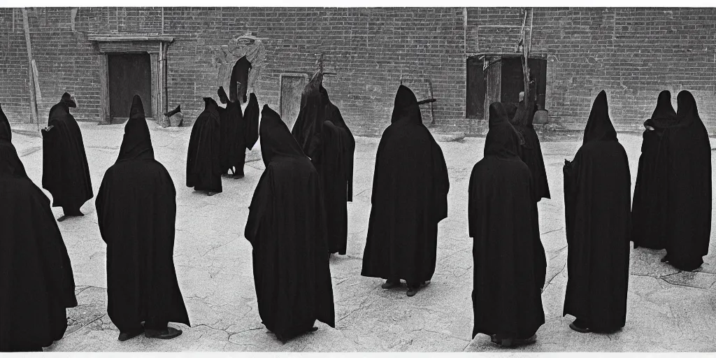 Image similar to black robed and hooded plague doctors in a circle calling forth satan, old film, 35mm film, found film, scary, ominous, frightening, ghastly, photorealistic