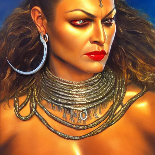 Image similar to detailed oil painting of tall hyper - muscular shining bronze - skinned warrior woman with silver eyes, wearing xena armor, full body, with long wavy flowing black hair and big gold earrings, jewelry, red lipstick, makeup, feminine, volumetric lighting, dynamic composition, art by boris vallejo, heavy metal magazine