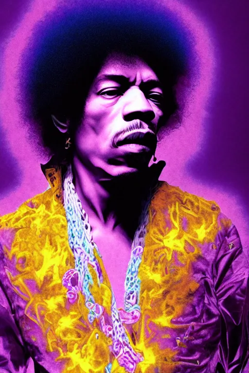 Prompt: A Weirdcore Mesmerizing 8k hyperrealistic Photo Portrait of Jimi Hendrix, floating in purple iridescent mycelum solarpunk cathedral, surrounded by purple haze, By Ayami Kojima, Daytoner, Greg Tocchini, James Jean,Yoshitaka Amano. Subsurface scattering. Octane Render.