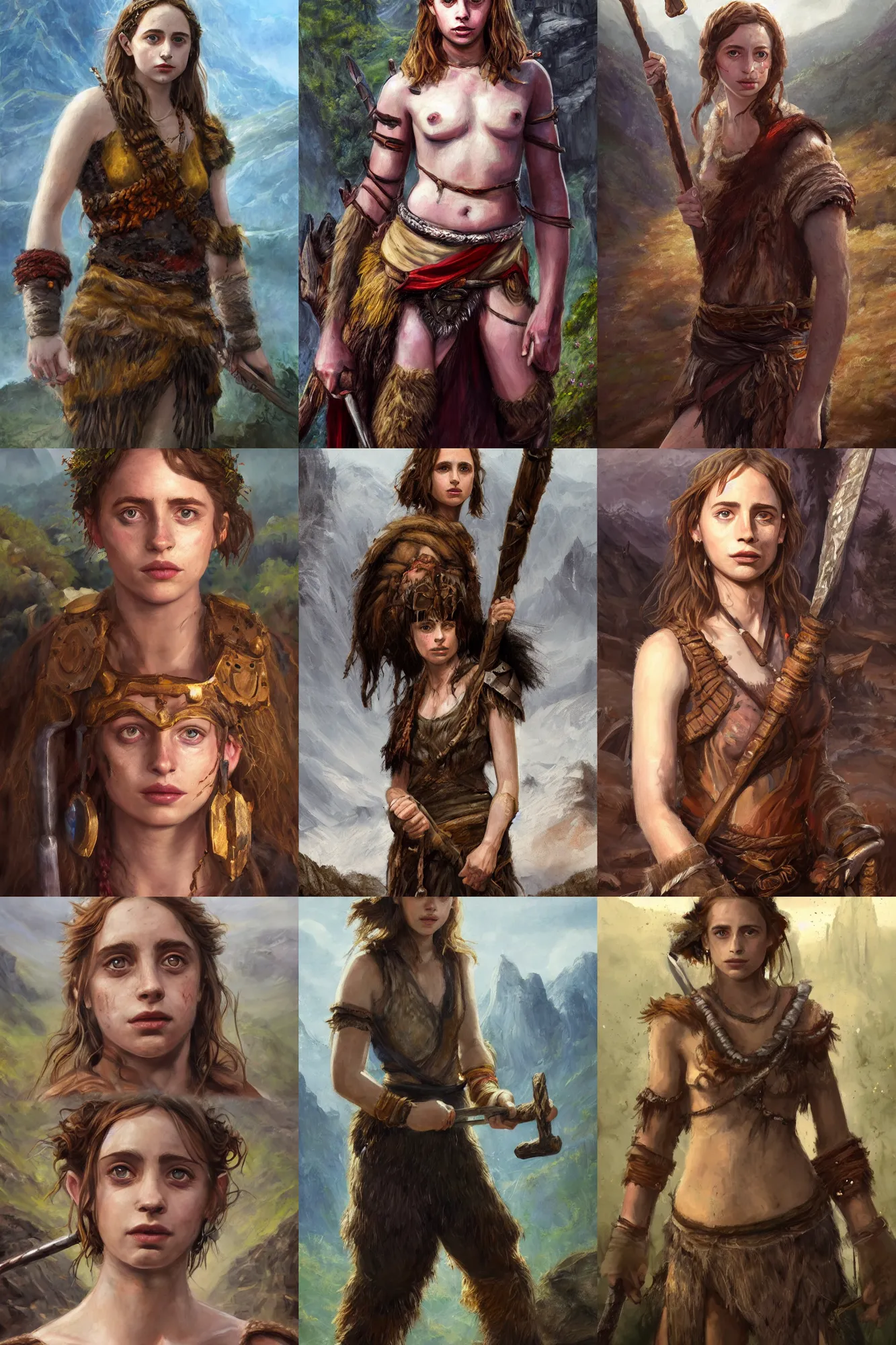Prompt: a full body high detail fantasy portrait oil painting illustration of maya hawke as a beautiful young rugged stoic barbarian woman by justin sweet with face and body clearly visible, in a scenic background, pupils visible, realistic proportions, d & d, rpg, forgotten realms, artstation trending, high quality, sombre mood, artstation trending, muted colours, entire person visible!