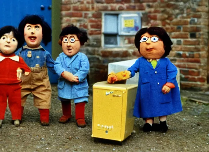 Image similar to a scene from a 1 9 7 0 s british kids tv programme by the bbc and oliver postgate, stop motion animation, postman pat, vhs distortion