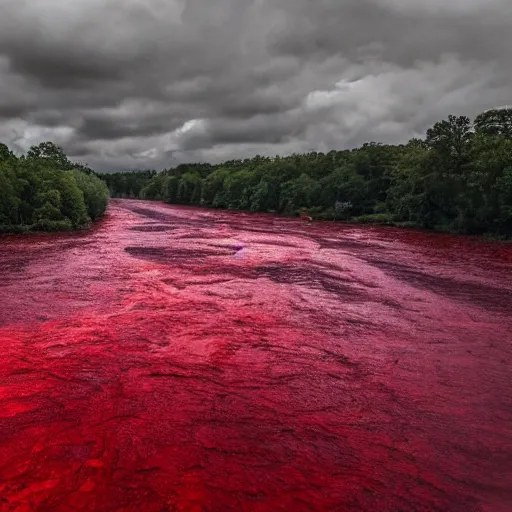 Image similar to hyper realistic photo of the river of blood, bodies floating downstream