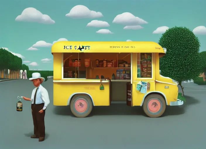 Prompt: an ice cream van that sells snake oil instead of ice cream, rowdy salesman hawking little brown bottles, medicine, snake van, painting by René Magritte, Grant Wood, 3D rendering by Beeple