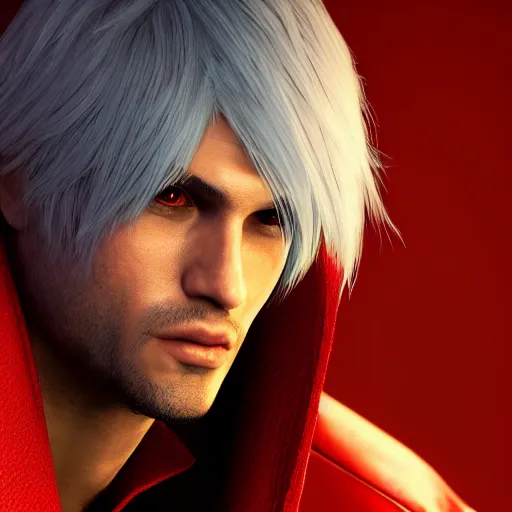 Image similar to portrait of dante from devil may cry, medium length hair, high quality, unreal engine, highly detailed face, sharp focus, depth of field, ambient lighting, ray tracing, 4k, hdr, artstation trending,