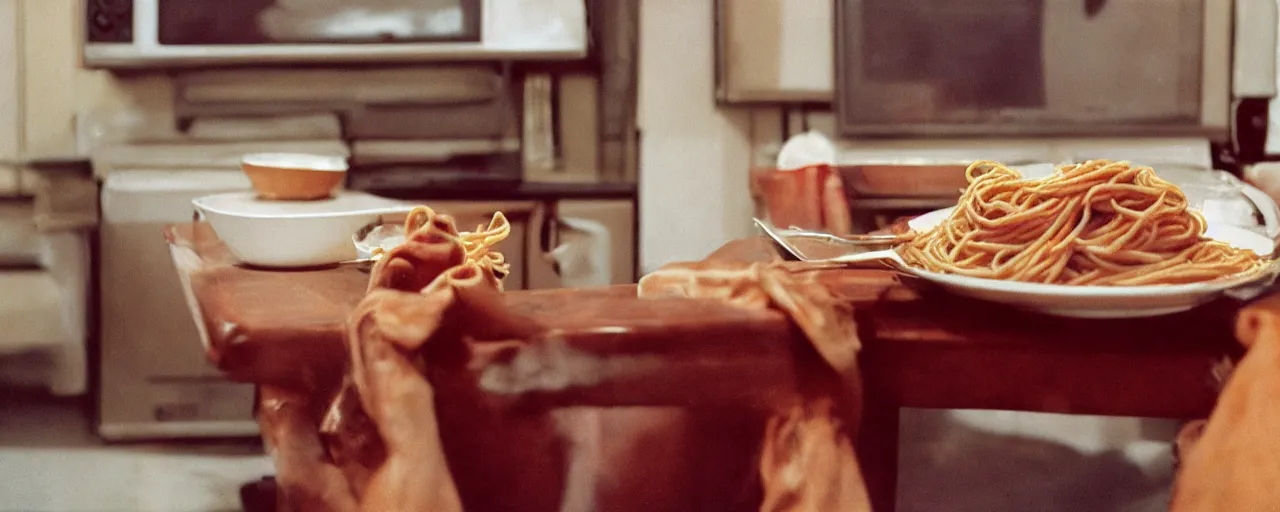 Prompt: watching tv while eating spaghetti,! alone!, 2 0 2 0, canon 5 0 mm, kodachrome, in the style of wes anderson