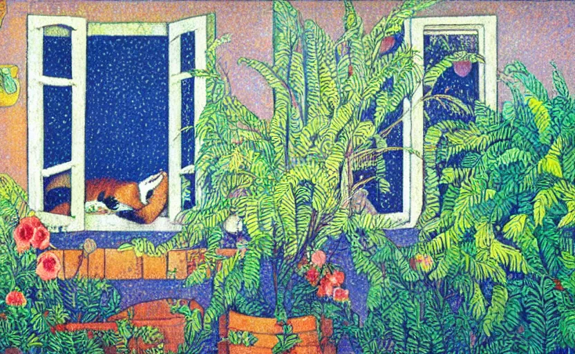 Prompt: sleeping cat on window, inside house in village, plants, gentle colours, light colours, divisionism and pointillism style