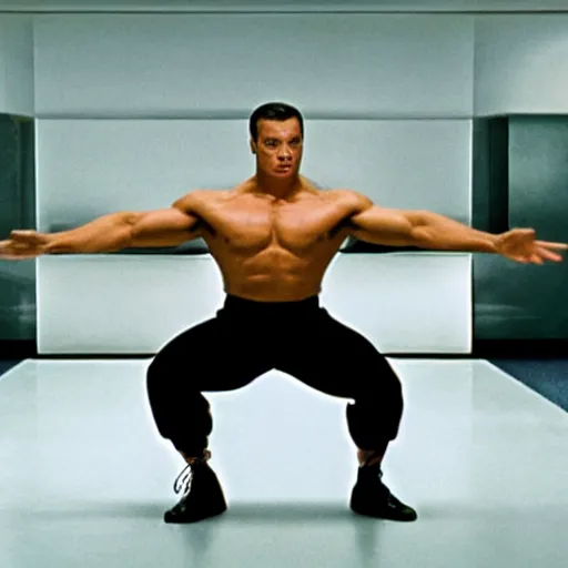 Image similar to cinematic still, young Jean Claude Vandamme doing the splits with a foot placed on separate chairs, dramatic lighting ,award winning, 4K