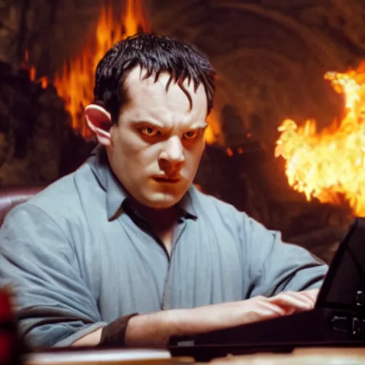 Prompt: burning balrog from lord of the rings sitting behind desk looking at computer screen