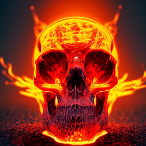 Image similar to a highly detailed human skull on fire in front of a glowing red background, 3 d, fire through eyes, octane render, symmetrical, hyper realism, highly detailed, digital art, artstation, concept art, cinematic lighting, strong bokeh, trending