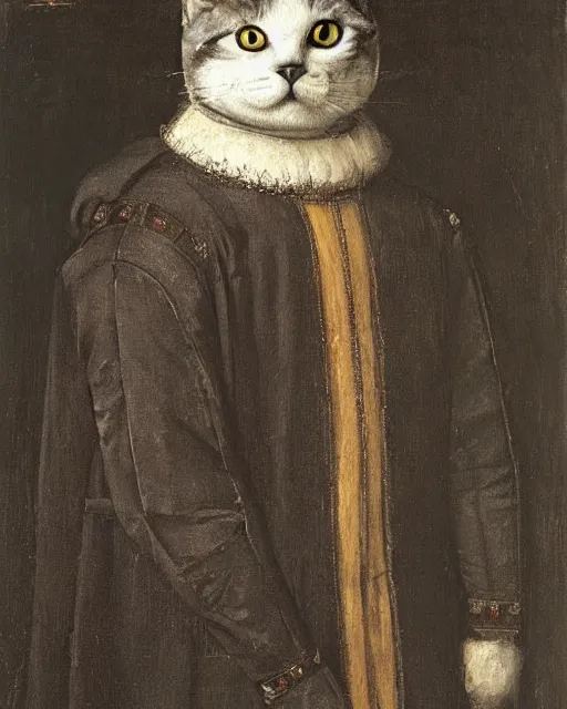Image similar to cute jolly fat gray cat with yellow eyes wearing tudor period menswear, 1 6 th century royal portrait, greg rutkowski