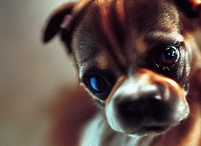 Image similar to a extreme close - up photo, color studio photographic portrait of a little dog, dramatic backlighting, 1 9 9 3 photo from life magazine,