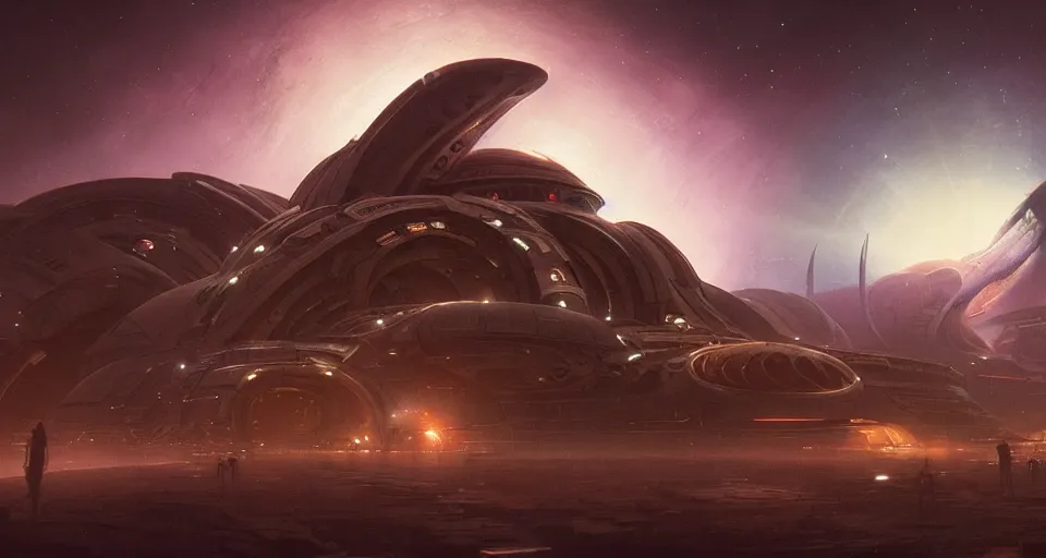 Image similar to Retro futuristic Sci-Fi space scene, Giant Aztec spaceship, nebulas swirls, dusk lighting, intricate details ,by denis villeneuve, Ridley Scott, Greg Rutkowski and Alphonse Mucha