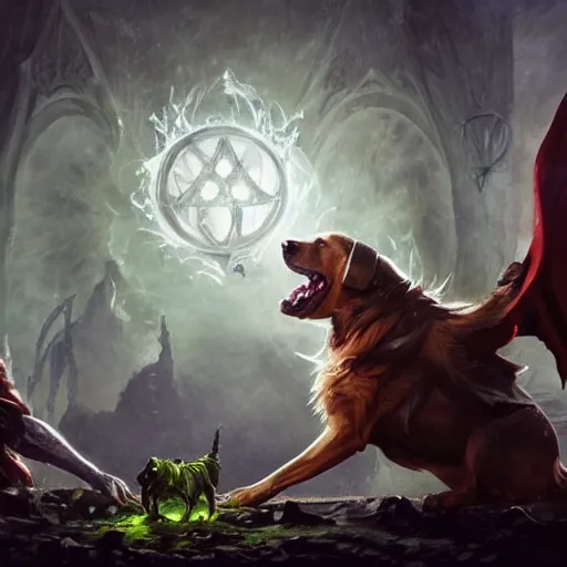 Image similar to Dog, Anthropomorphized, casting epic spell, magic the gathering artwork, D&D, fantasy, cinematic lighting, centered, symmetrical, highly detailed, digital painting, artstation, concept art, smooth, sharp focus, illustration, volumetric lighting, epic Composition, 8k, art by Akihiko Yoshida and Greg Rutkowski and Craig Mullins, heroic pose, oil painting, cgsociety, magic lab background