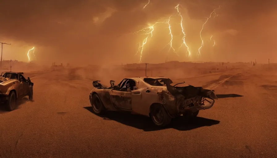 Image similar to back view on a man in jacket crossing las vegas's street in the distance in mad max, huge sandstorm, huge lightning, tornado, fire and ashes, debris, destruction, hyperdetailed, artstation, cgsociety, 8 k