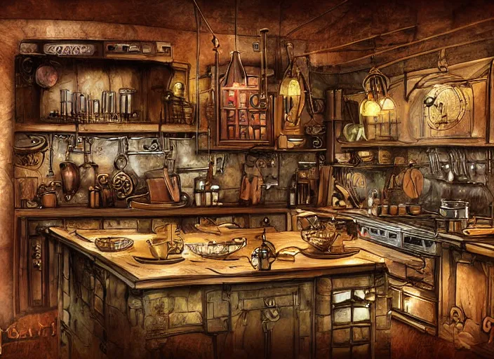 Prompt: a steampunk kitchen, digital art, fantasy, wood and copper