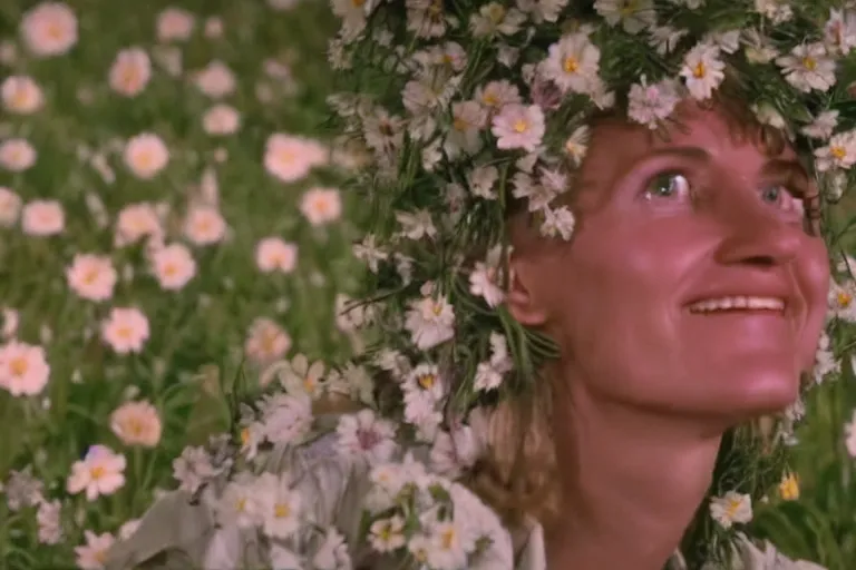 Image similar to vhs 1 9 8 0 s cinema footage of a womans head surrounded by giant beautiful flowers eerie smiling, scene from the movie midsommar, directed by ari aster, vintage film grain