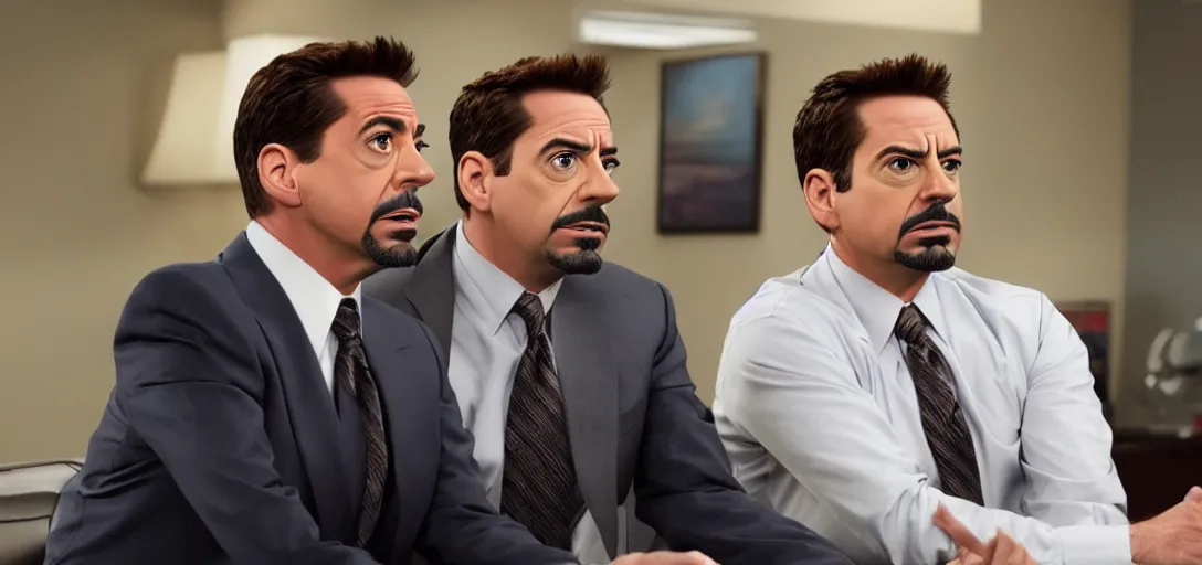 Image similar to a very high resolution image of tony stark and micheal scott. from an episode of the office. photorealistic, photography