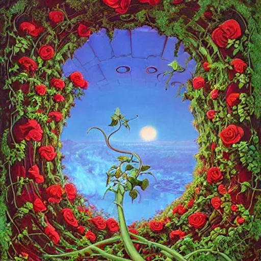 Image similar to a portal with vines and roses on the outside by kilian eng, chris foss, rodney matthews, robert mccall, jacek yerka and vladimir kush, oil on canvas