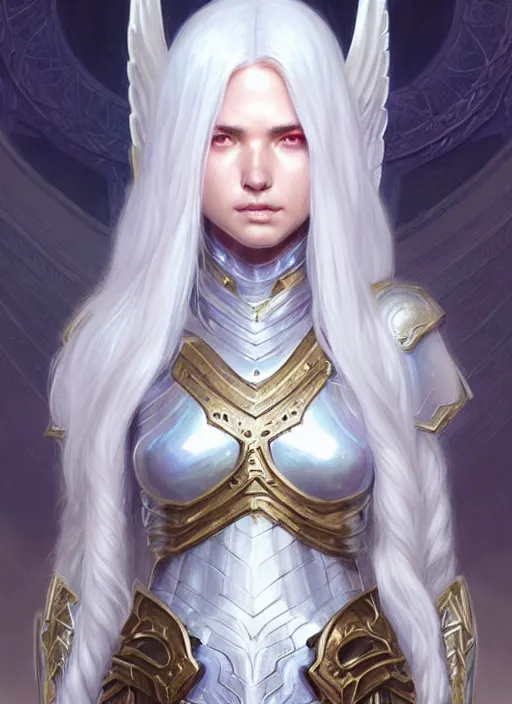 Image similar to light opal armor!!! long wild white hair!! covered chest!!! fantasy, d & d, intricate ornate details, digital painting, pretty face!!, symmetry, concept art, sharp focus, illustration, art by artgerm! greg rutkowski magali villeneuve wlop! ilya kuvshinov!!, octane render