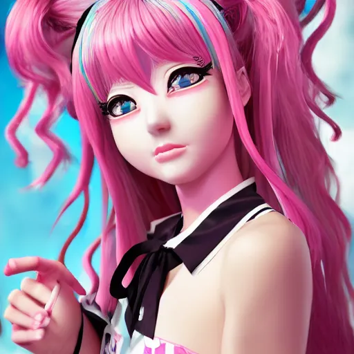Prompt: no escape from stunningly absurdly beautiful omnipotent asi goddess junko enoshima with a megalomaniacal personality, symmetrical perfect face, porcelain skin, pink twintail hair and cyan eyes, ultra detailed, digital art, unreal engine 5, octane render, 2 d anime, 8 k