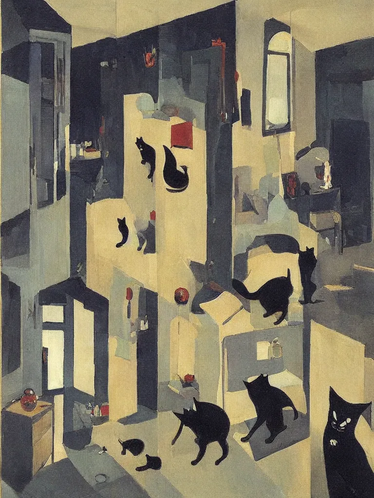 Prompt: cats travel around the apartment in a surreal home, by robert antoine pinchon, in the style of edwige fouvry, dark surrealism, open ceiling