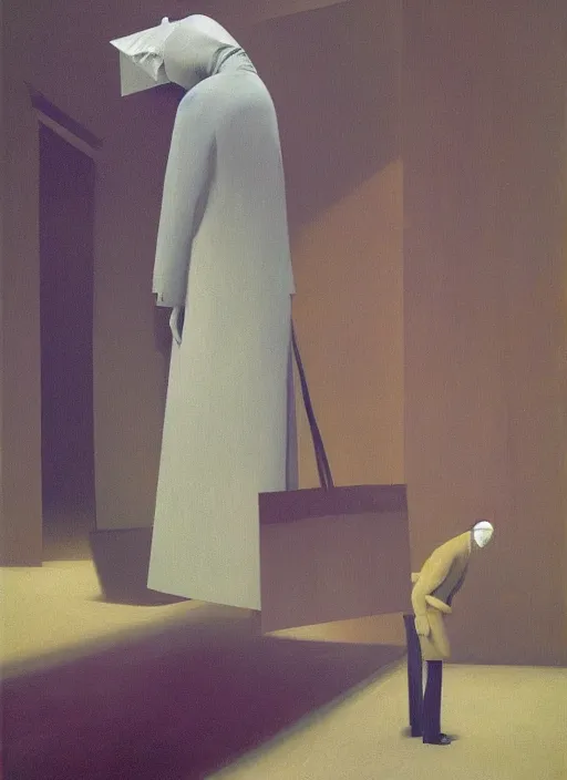 Image similar to man with a paper bag over the head and a sward shopping Edward Hopper and James Gilleard, Zdzislaw Beksinski, Steven Outram highly detailed