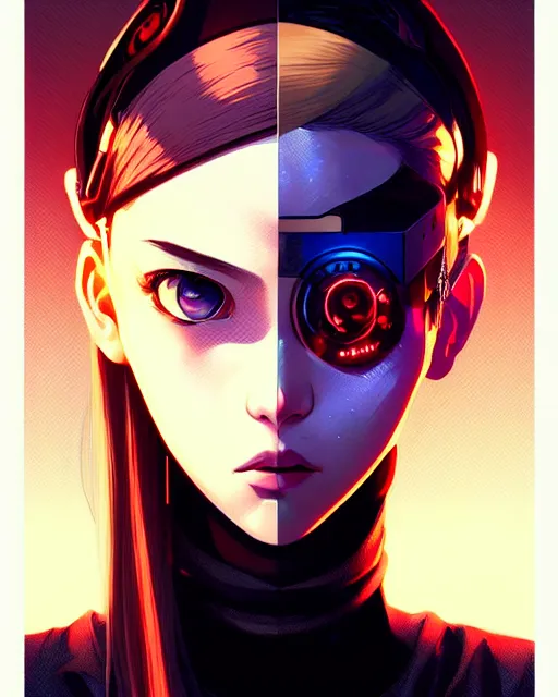 Image similar to a comic potrait of a cyberpunk cyborg girl with big and cute eyes, fine - face, realistic shaded perfect face, fine details. night setting. very anime style. realistic shaded lighting poster by ilya kuvshinov katsuhiro, magali villeneuve, artgerm, jeremy lipkin and michael garmash, rob rey and kentaro miura style, trending on art station