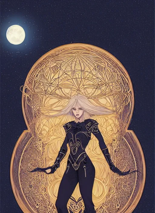 Image similar to symmetrical centered portrait, dark witch in front of the full big moon, blonde hair, intricate metal armour, Art Nouveau, beautiful retro Fantasy heroine 1985, intricate, elegant, highly detailed, centered, digital painting, trending on artstation, concept art, smooth, sharp focus, illustration, art by raphael lacoste, eddie mendoza, Mucha, alex ross, WLOP
