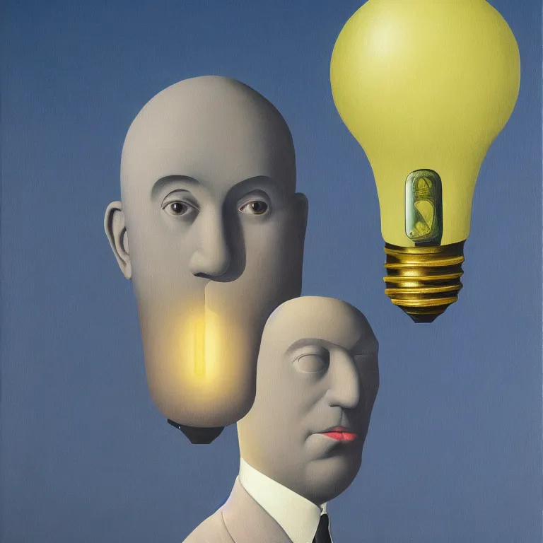 Prompt: portrait of a lightbulb head man, by rene magritte, detailed painting, hd, hq, high resolution, high detail, 4 k, 8 k