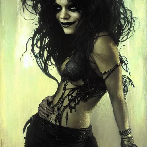 Image similar to beautiful portrait of vanessa hudgens as death from sandman, smiling, by cedric peyravernay, alphonse mucha, by jeremy mann, by lecouffe deharme, goth chic, soft lightning, eyeliner, punk rock, high detailed, 8 k