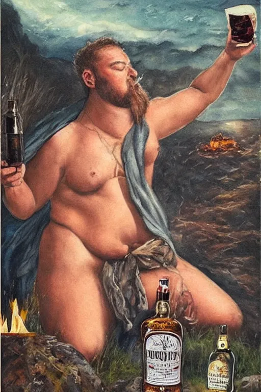 Prompt: a dramatic, epic, ethereal painting of a !!!handsome!!! thicc chunky beefy mischievous shirtless man with a big beer belly wearing a large belt and bandana offering a whiskey bottle | he is a cowboy relaxing by a campfire | background is a late night with food and jugs of whisky | homoerotic | stars, tarot card, art deco, art nouveau, mosaic, intricate | by Mark Maggiori (((and Alphonse Mucha))) | trending on artstation