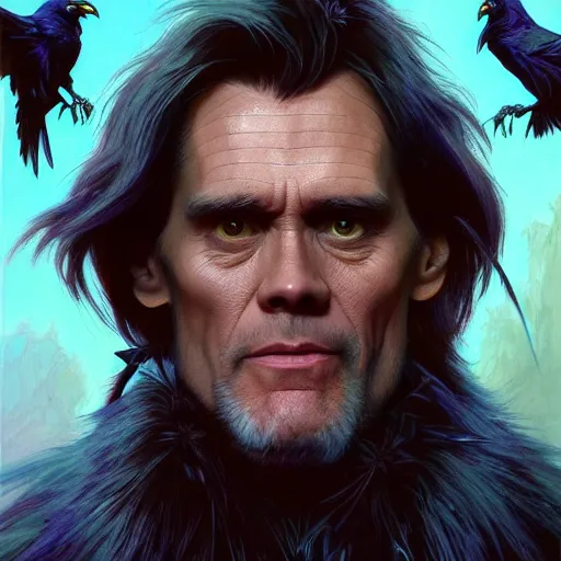 Image similar to jim carrey controlling evil ravens, demonic, evil, satanic, intricate, highly detailed, digital painting, artstation, concept art, smooth, sharp focus, illustration, unreal engine 5, 8 k, art by artgerm and greg rutkowski and alphonse mucha