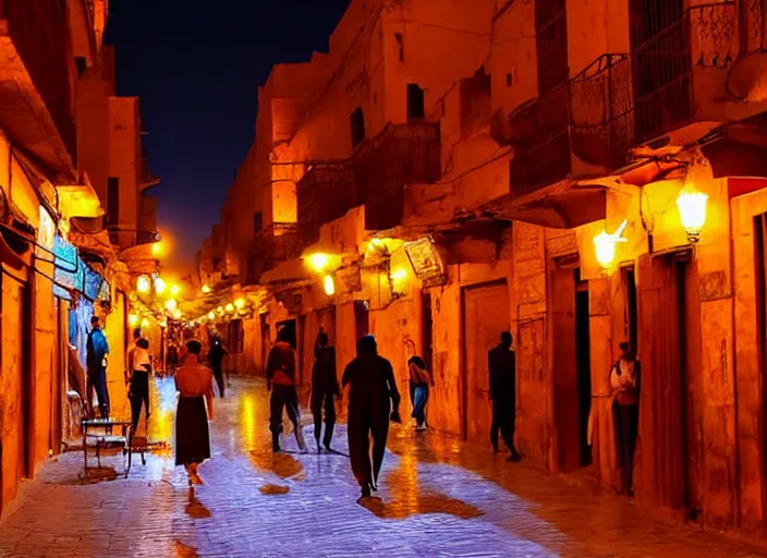 Prompt: cairo old streets, night life of 1 9 4 0, muizz street